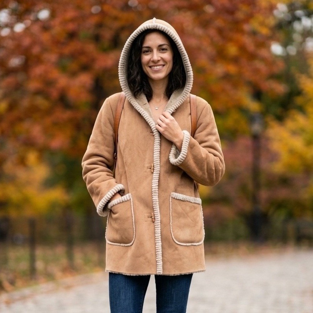 Jones New York Womens Large Tan Faux Suede Shearling Hooded Coat Toggle Jacket